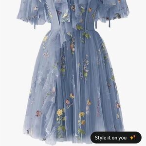 Whimsical Butterflies and Flowers Light Blue Dress with Floral Details